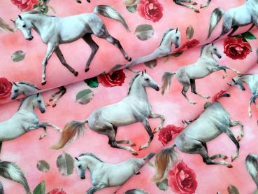 Baumwolljersey weisses Pferd auf Rosenblüten Rosa